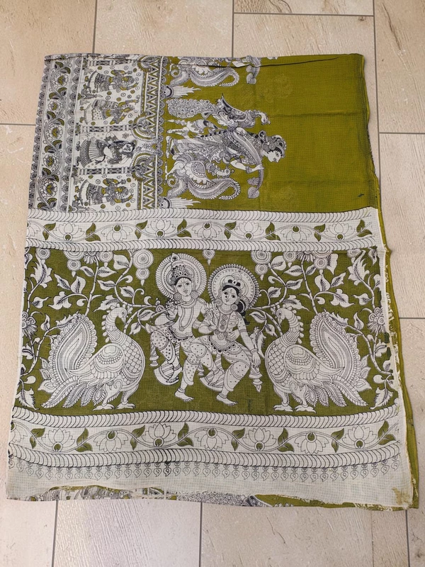 Olive Green Kalamkari Kota Doria Saree for Women