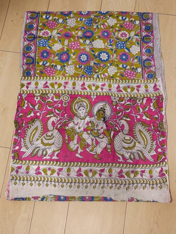 OliveGreen & Pink Kalamkari Kota Doria Saree for Women