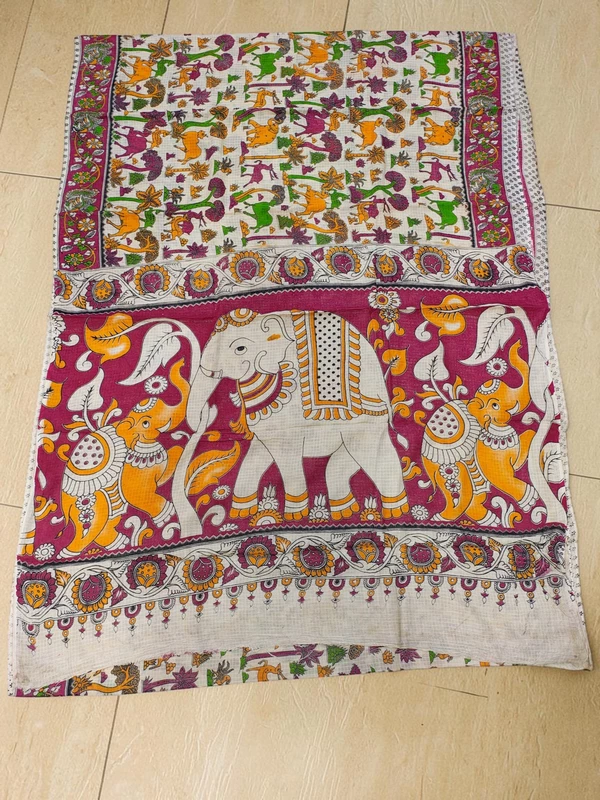 Beige & Pink Kalamkari Kota Doria Saree for Women