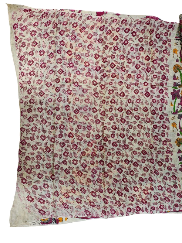 Beige & Pink Kalamkari Kota Doria Saree for Women