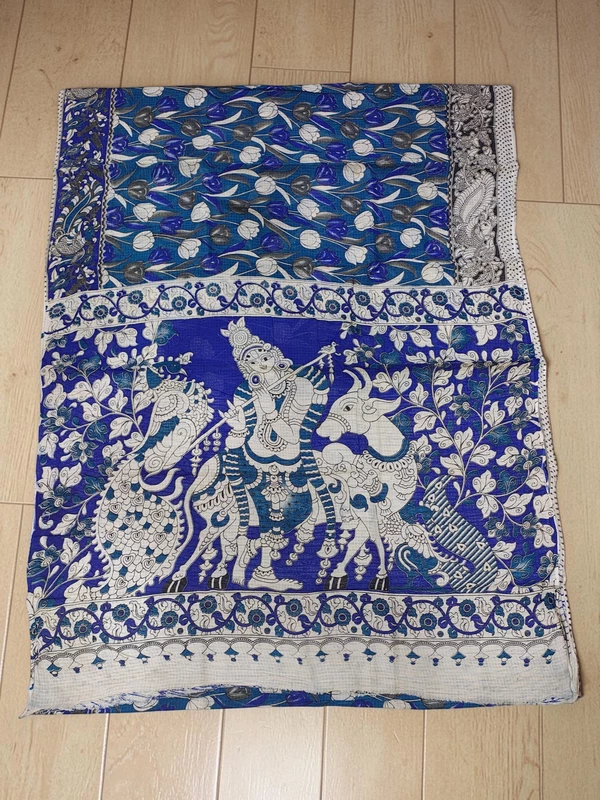 Blue Kalamkari Kota Doria Saree for Women