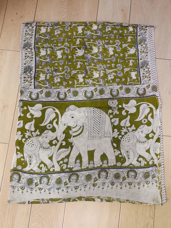 Olive Green & Beige Kalamkari Kota Doria Saree for Women