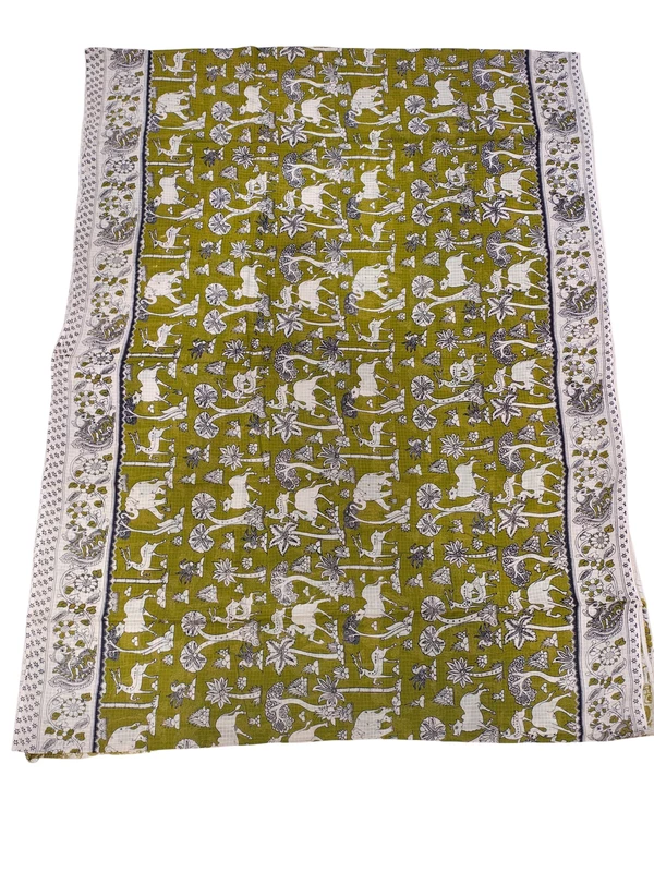 Olive Green & Beige Kalamkari Kota Doria Saree for Women