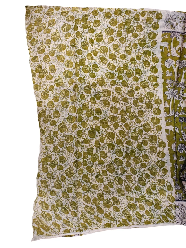 Olive Green & Beige Kalamkari Kota Doria Saree for Women