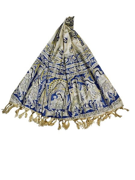 Madhubani Print Indigo Cotton Silk Dupatta for Women