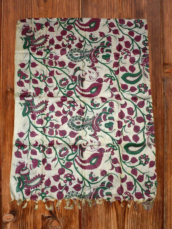Kalamkari Print Wine & Teal Cotton Silk Dupatta for Women