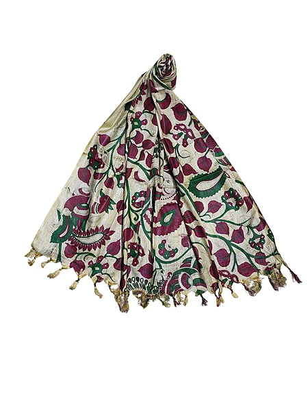 Kalamkari Print Wine & Teal Cotton Silk Dupatta for Women