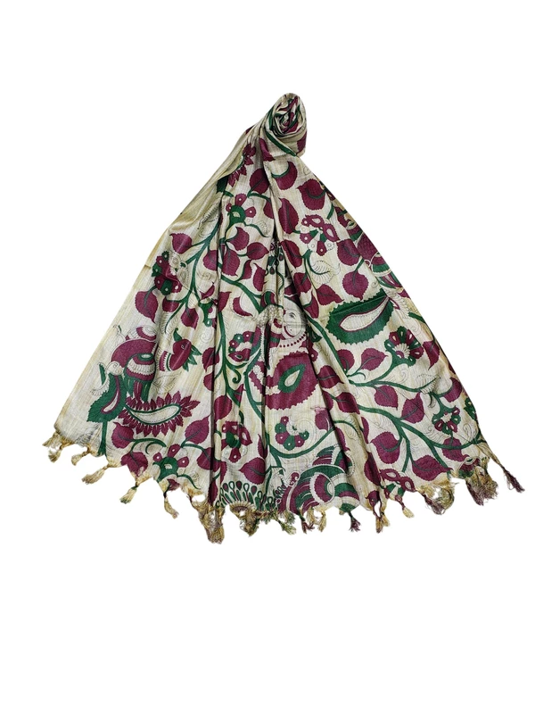 Kalamkari Print Wine & Teal Cotton Silk Dupatta for Women
