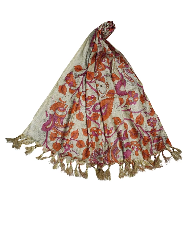Pink & Orange Kalamkari Print Cotton Silk Dupatta for Women