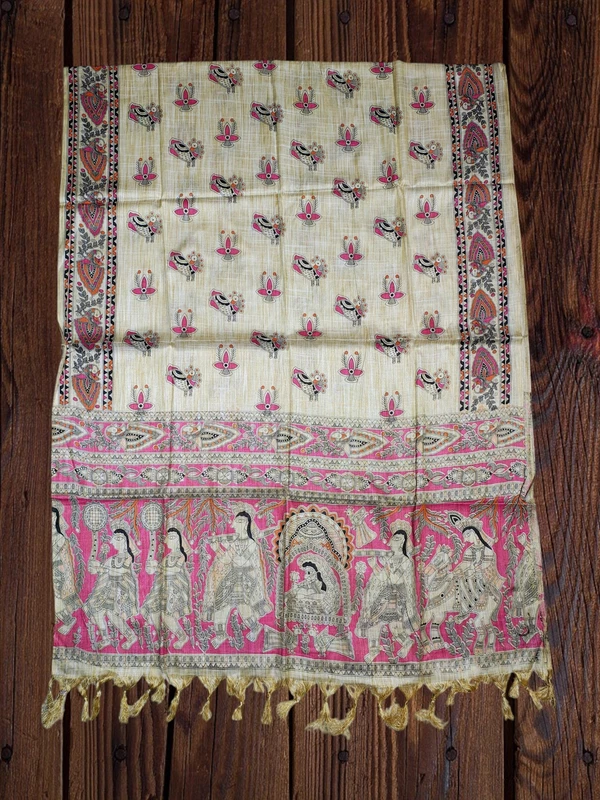 Pink Madhubani Cotton Silk Dupatta for Women