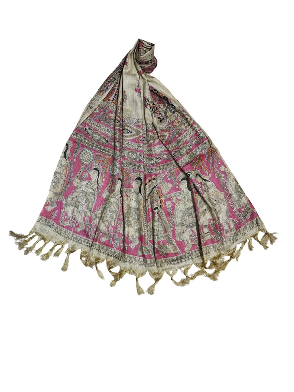 Pink Madhubani Cotton Silk Dupatta for Women