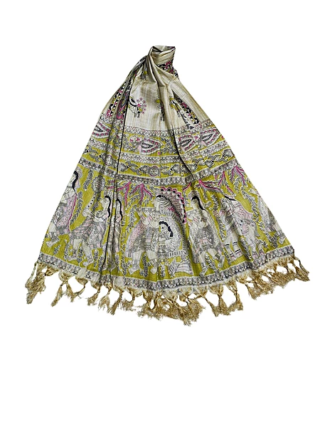 Green Madhubani Cotton Silk Dupatta for Women