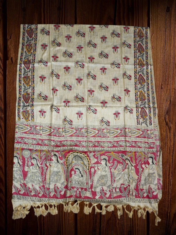 Kalamkari Red & Orange Cotton Silk Dupatta for Women