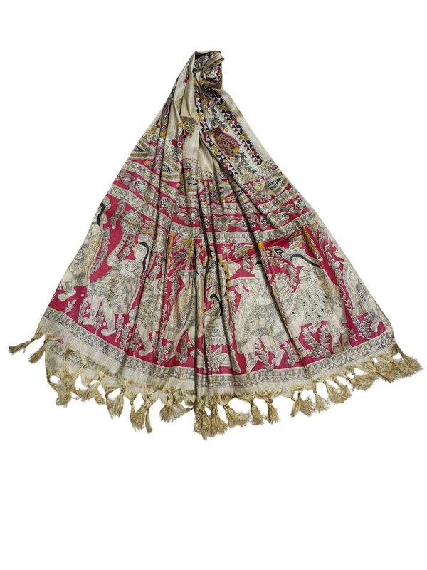 Kalamkari Red & Orange Cotton Silk Dupatta for Women