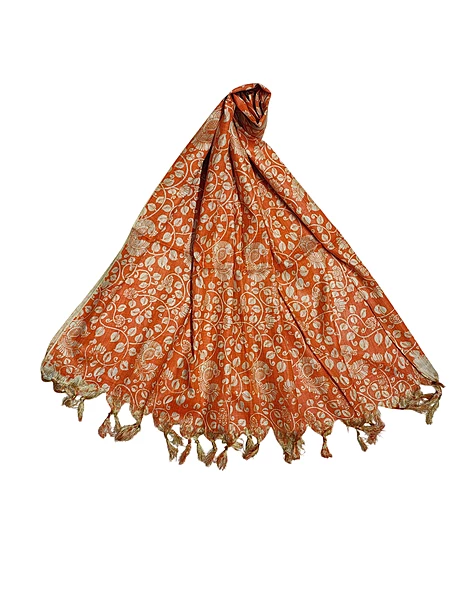 Orange Kalamkari Print Cotton Silk Dupatta