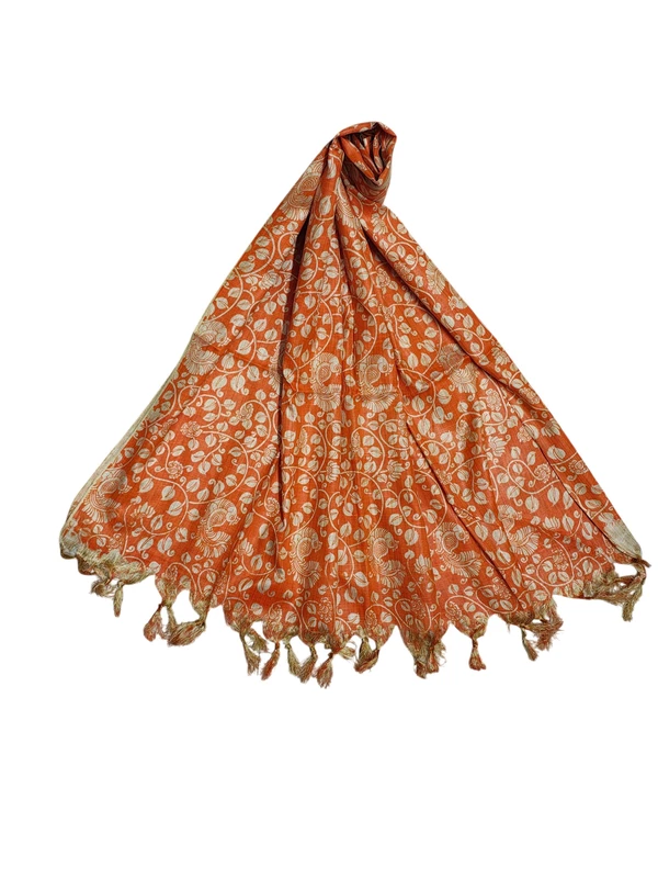 Orange Kalamkari Print Cotton Silk Dupatta