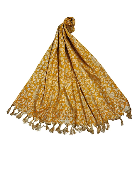Mustard Kalamkari Print Cotton Silk Dupatta