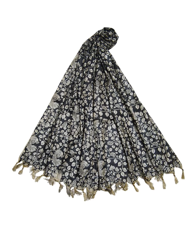 Black Kalamkari Print Cotton Silk Dupatta