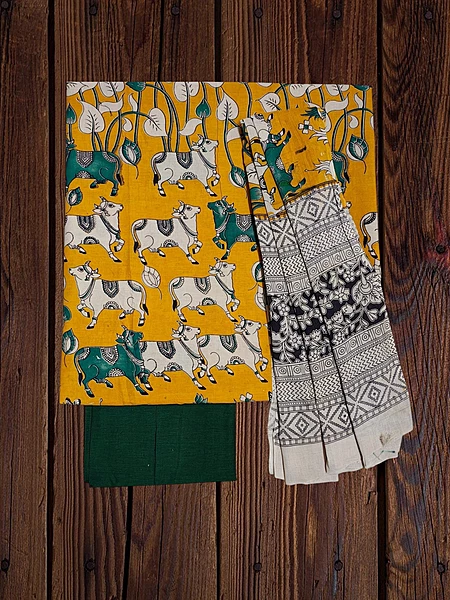 Mustard & Green Kalamkari Pure Cotton Dress Materials