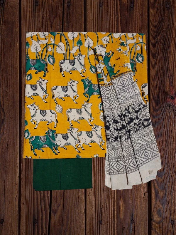 Mustard & Green Kalamkari Pure Cotton Dress Materials