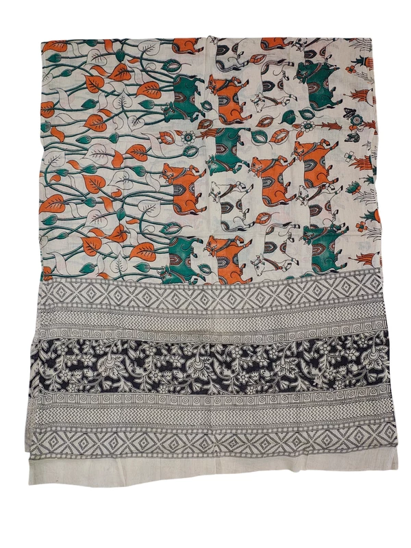 Beige & Green Kalamkari Pure Cotton Dress Materials