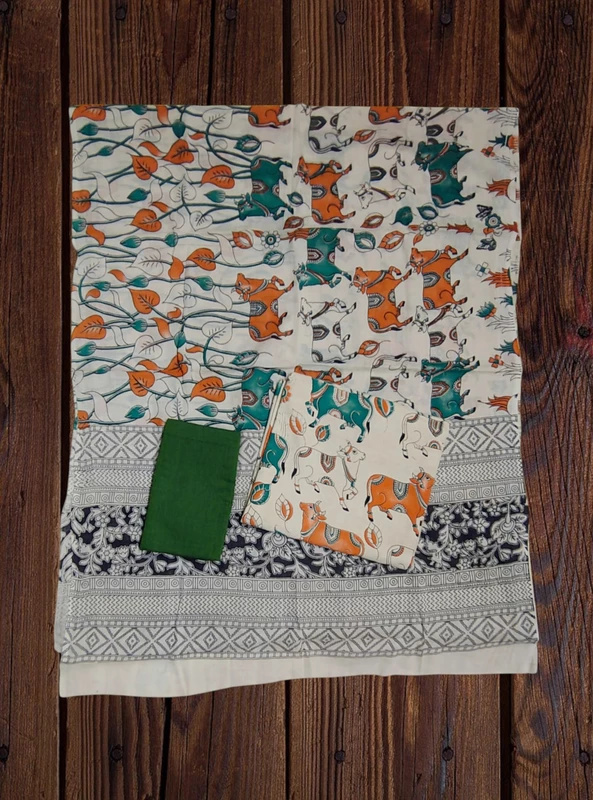 Beige & Green Kalamkari Pure Cotton Dress Materials