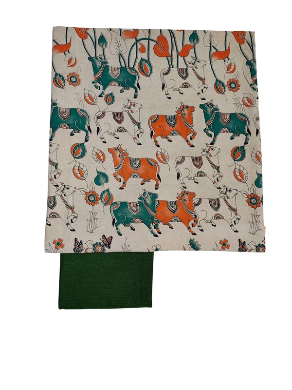 Beige & Green Kalamkari Pure Cotton Dress Materials