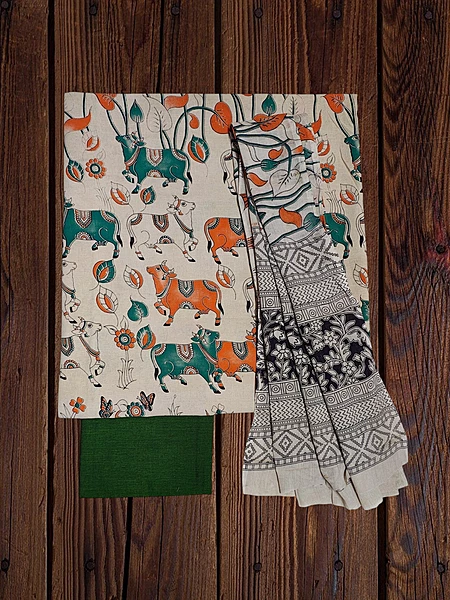 Beige & Green Kalamkari Pure Cotton Dress Materials
