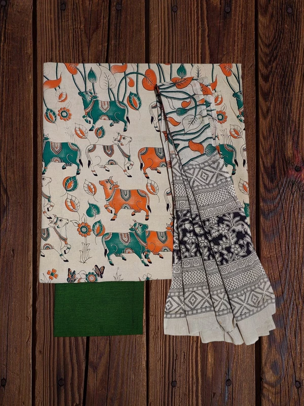 Beige & Green Kalamkari Pure Cotton Dress Materials