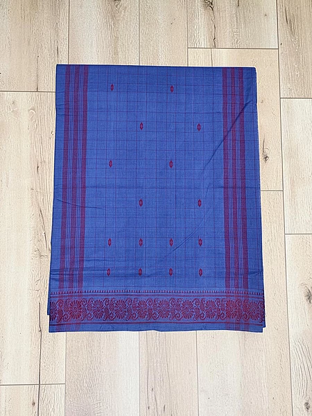 Indigo Handloom Cotton Booti Checkered Saree without Blouse Piece