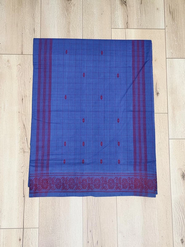 Indigo Handloom Cotton Booti Checkered Saree without Blouse Piece