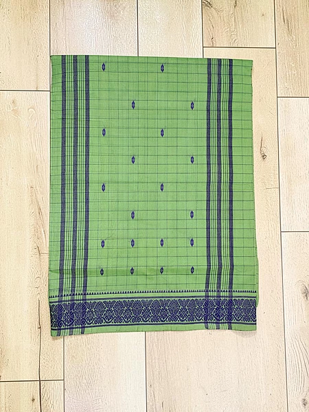 Green Handloom Cotton Booti Checkered Saree without Blouse Piece