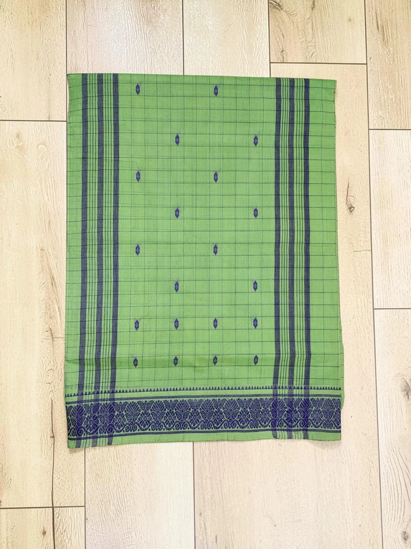 Green Handloom Cotton Booti Checkered Saree without Blouse Piece