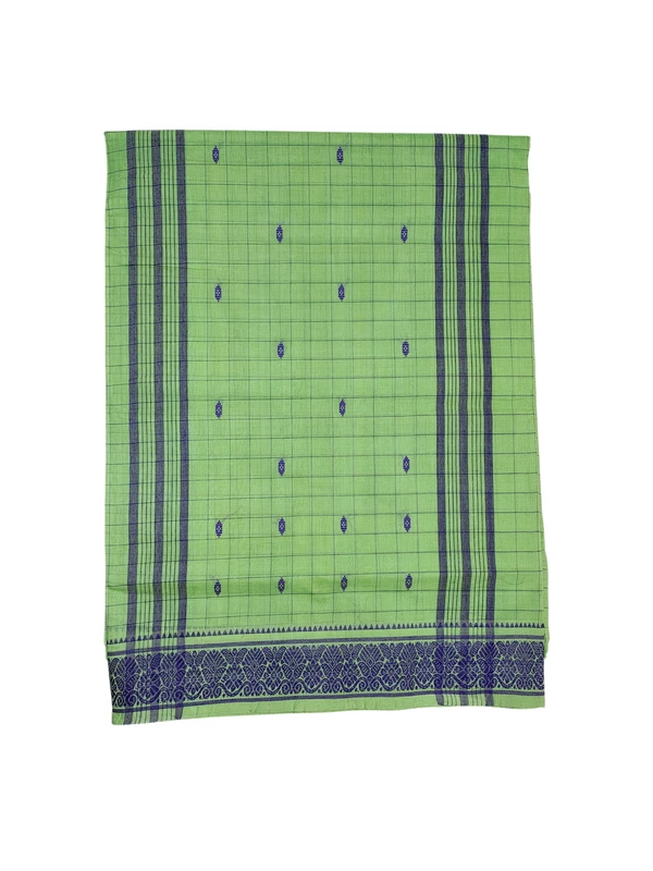 Green Handloom Cotton Booti Checkered Saree without Blouse Piece