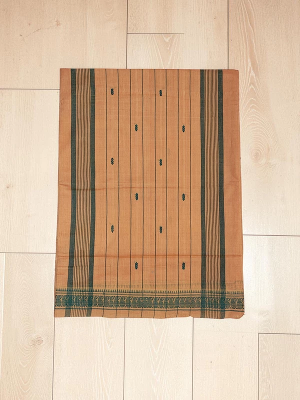 Rust & Green Handloom Cotton Booti Suti Saree without Blouse Piece