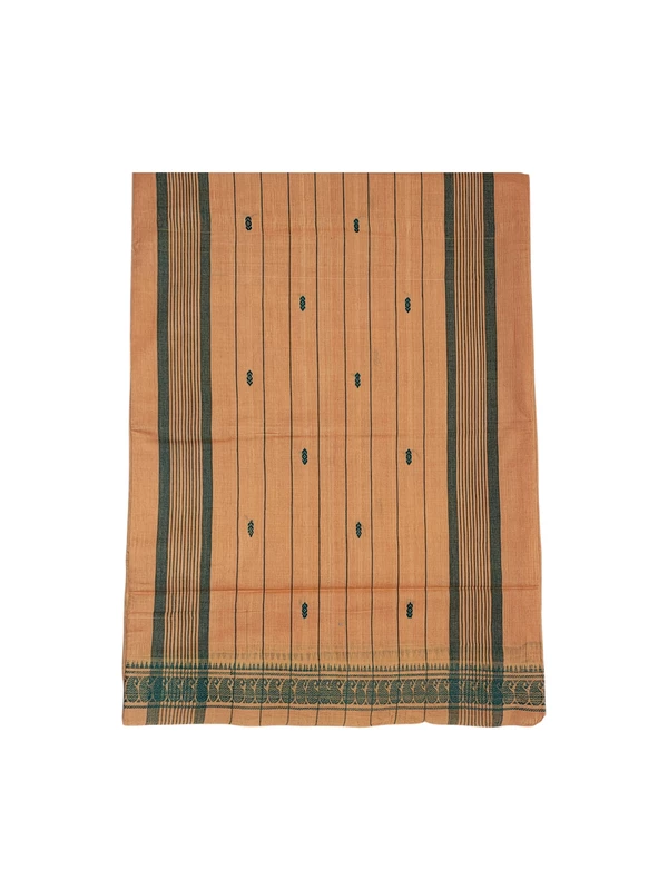 Rust & Green Handloom Cotton Booti Suti Saree without Blouse Piece