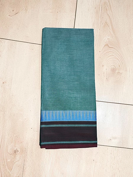 Teal Green & Pink Mangalagiri Temple Border Cotton Saree with Blouse Piece