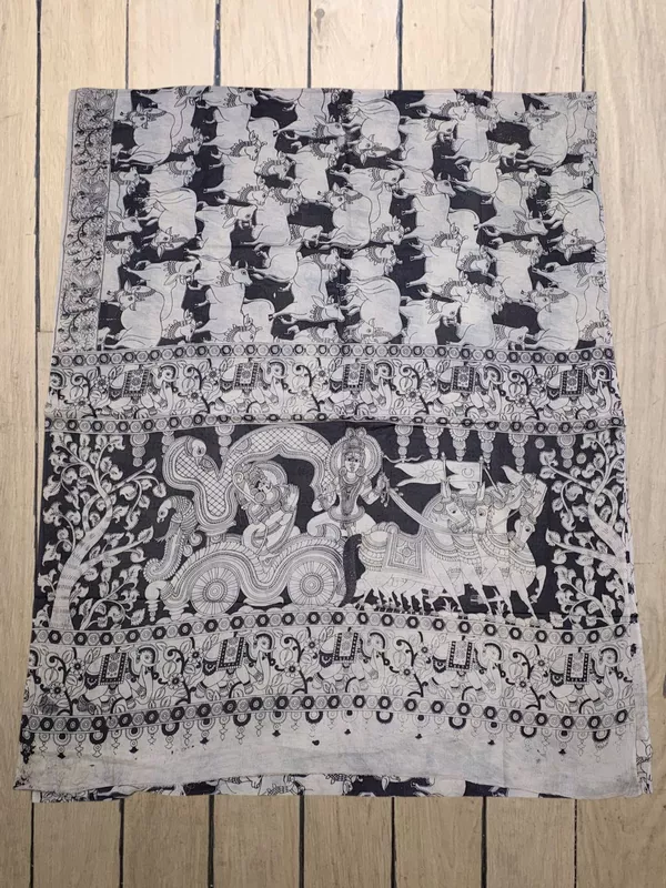 Black Kalamkari Cotton Saree with Unstitched Blouse