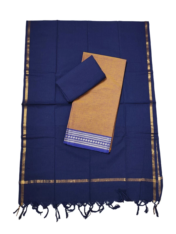 Rust & Blue Handloom Cotton Zari Border Unstitched Salwar Suit for Women