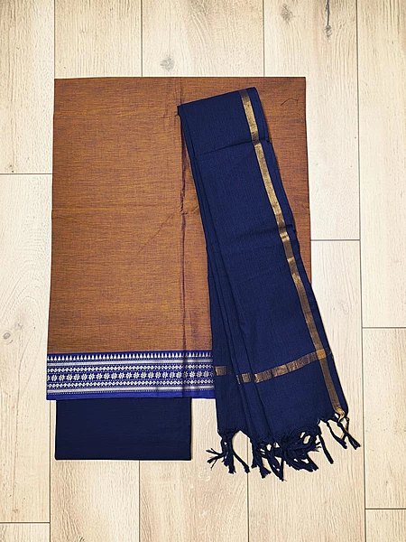 Rust & Blue Handloom Cotton Zari Border Unstitched Salwar Suit for Women