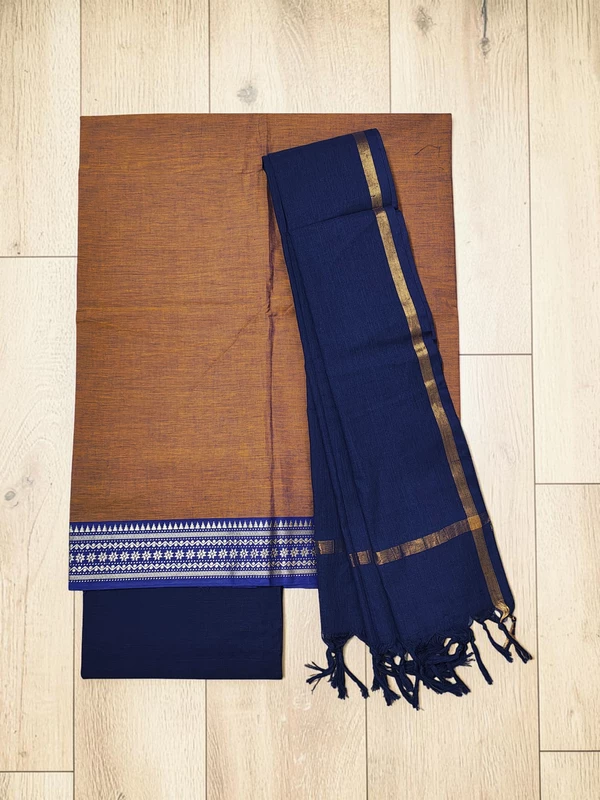 Rust & Blue Handloom Cotton Zari Border Unstitched Salwar Suit for Women
