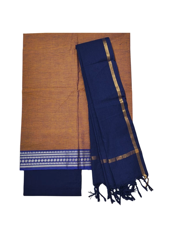 Rust & Blue Handloom Cotton Zari Border Unstitched Salwar Suit for Women