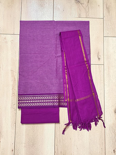 Purple Handloom Cotton Zari Border Unstitched Salwar Suit for Women