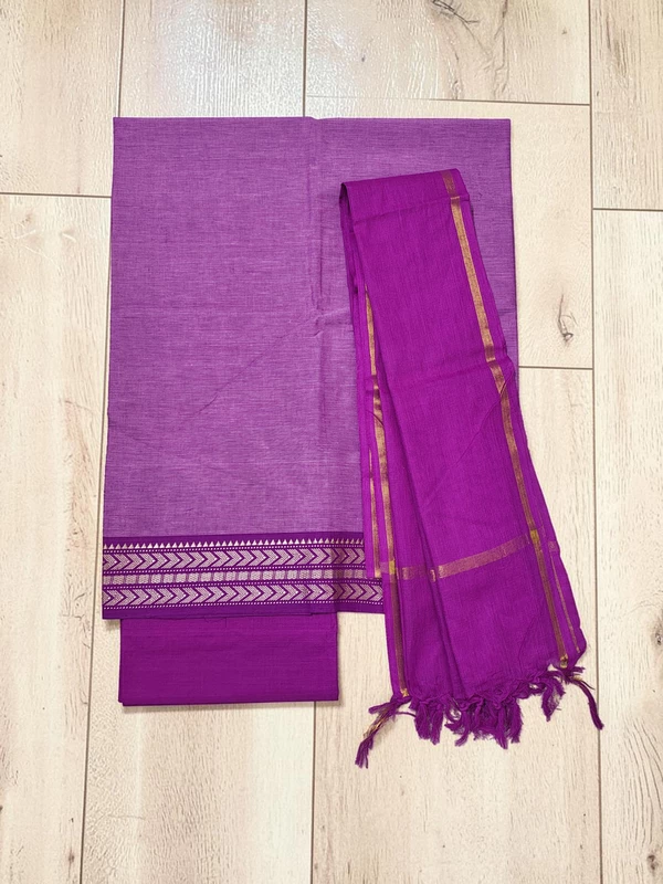 Purple Handloom Cotton Zari Border Unstitched Salwar Suit for Women