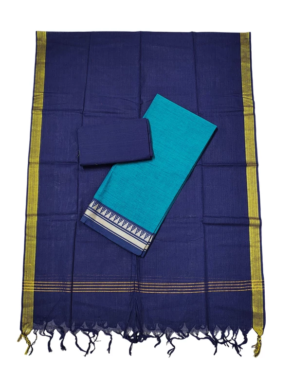 Peacock Green & Blue Handloom Cotton Zari Border Unstitched Salwar Suit for Women