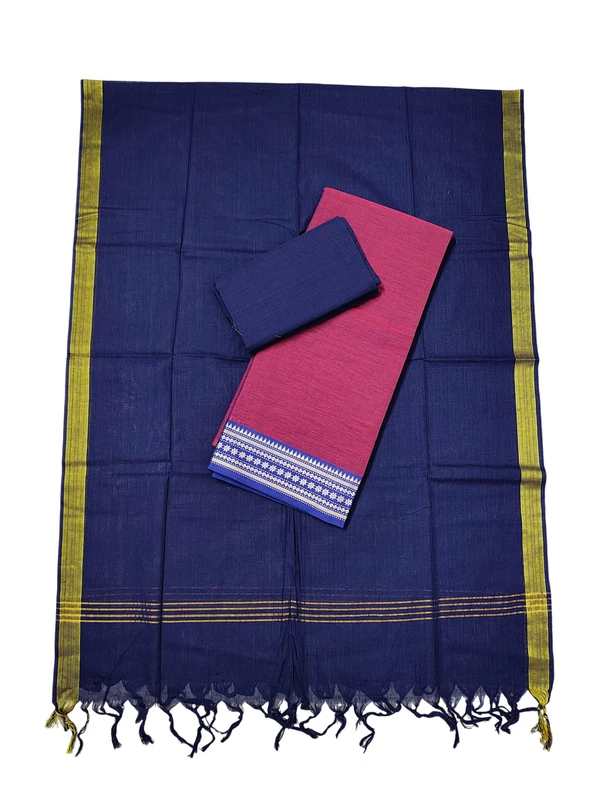 Maroon & Blue Handloom Cotton Zari Border Unstitched Salwar Suit for Women
