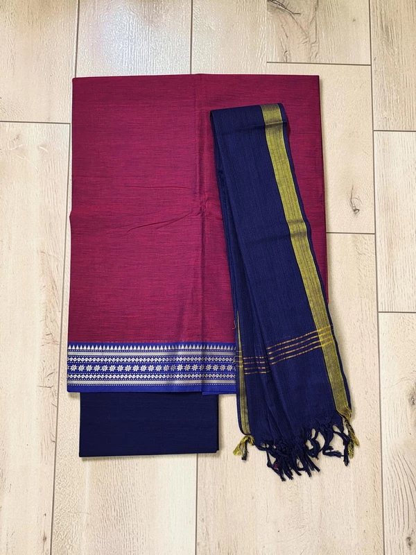 Maroon & Blue Handloom Cotton Zari Border Unstitched Salwar Suit for Women