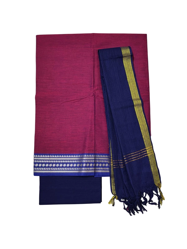 Maroon & Blue Handloom Cotton Zari Border Unstitched Salwar Suit for Women