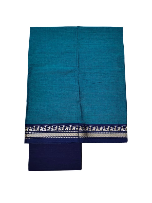 Peacock Green & Blue Handloom Cotton Zari Border Unstitched Salwar Suit for Women