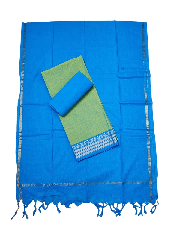 Green & Blue Handloom Cotton Zari Border Unstitched Salwar Suit for Women